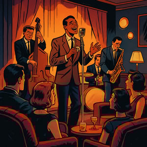 Envision a vibrant lounge scene featuring a charismatic band performing on a small stage bathed in warm golden light The lounge is adorned with plush velvet seating and soft ambient decor creating an intimate atmosphere The lead singer dressed in a c