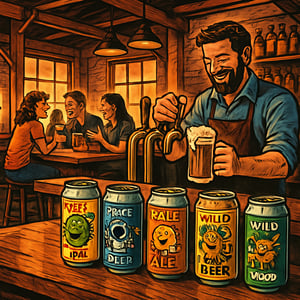Imagine a cozy rustic brewery with a wooden bar adorned with an array of custom canned beers each can featuring vibrant whimsical artwork The warm golden light of the setting sun filters through the large windows casting long shadows across the polis